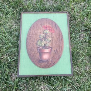 Cute Vintage Wood Framed Green Oval Matted Potted Plant Floral Painting - HN